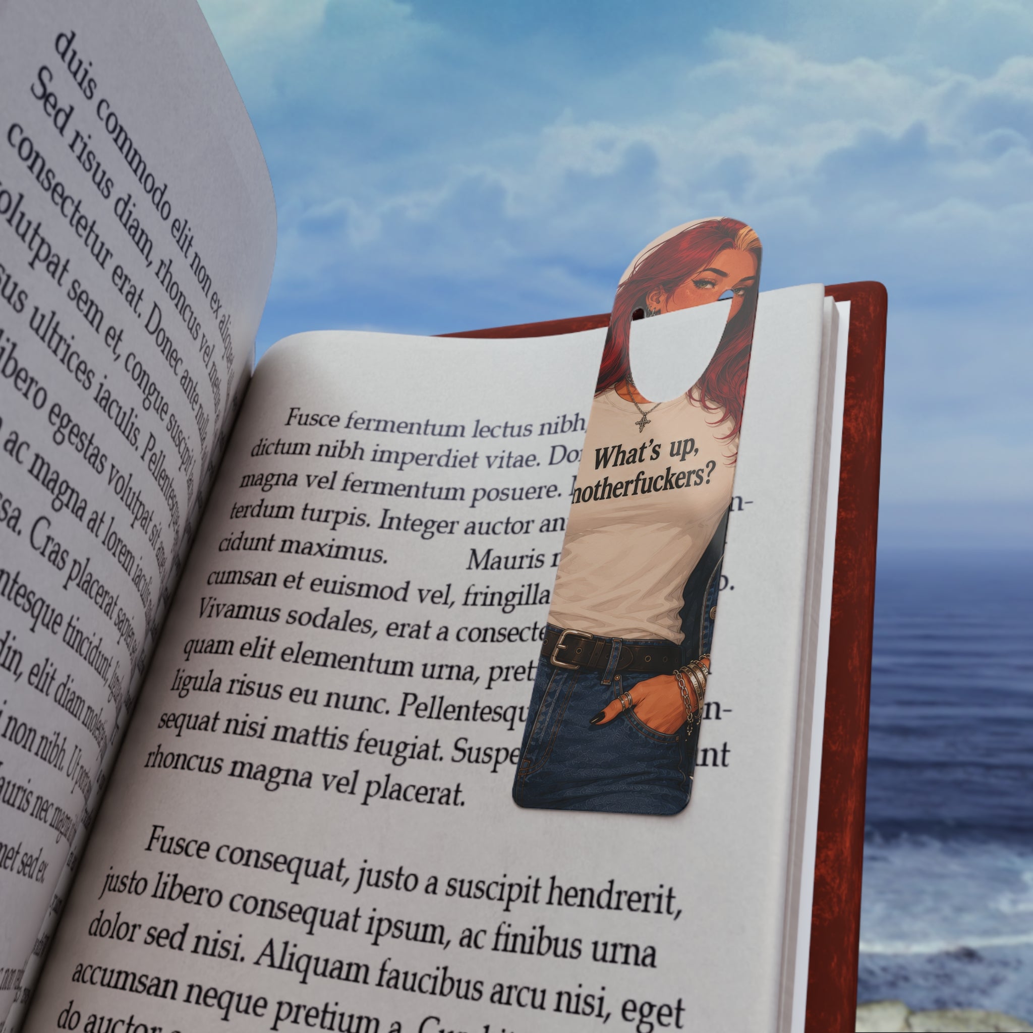 Edgy Redhead Illustration Bookmark — “What’s up, motherfuckers?” Metal Page Marker