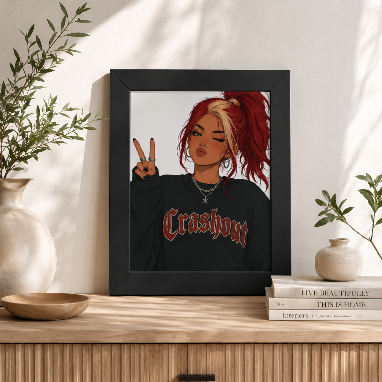 Framed Poster — Red-Haired Girl Peace Sign Illustration (Crashout Sweatshirt)