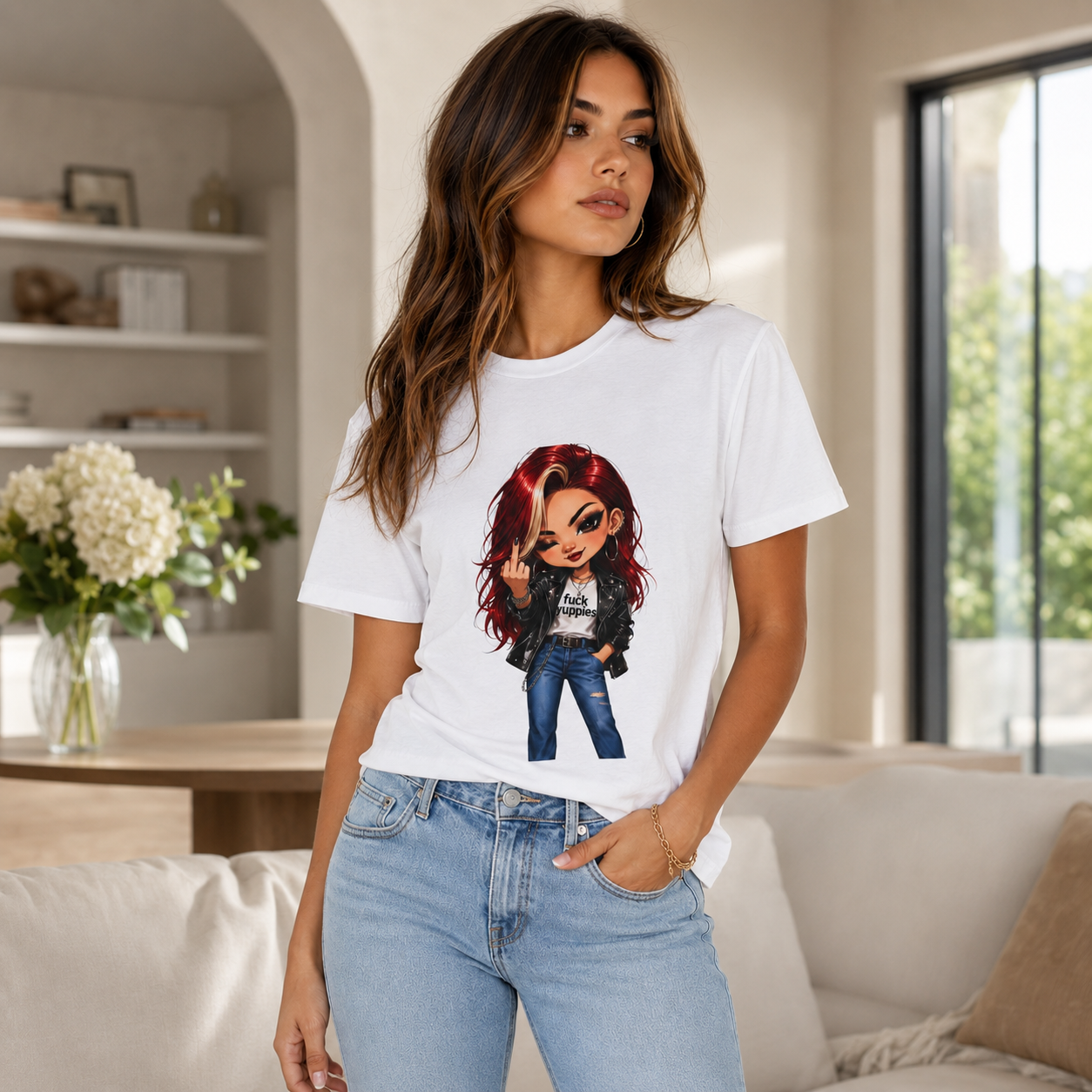 Edgy Girl Graphic Tee — "Rock On" Red-Haired Character T-Shirt