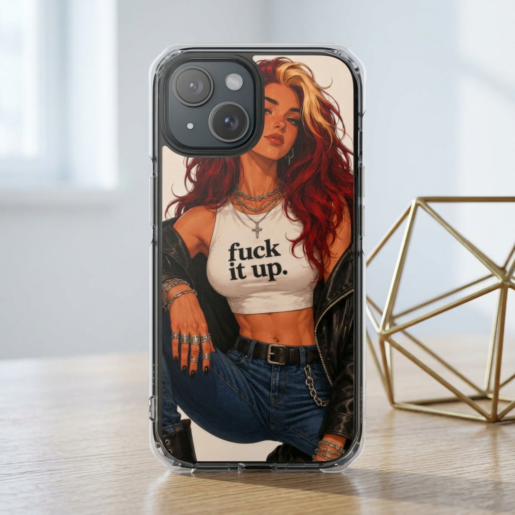 Clear Magnetic Phone Case — 'Fuck It Up.' Graphic Punk Girl Design