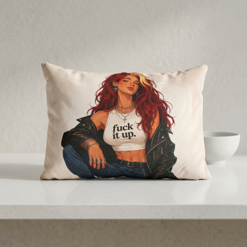 Edgy Redhead Art Pillow Sham — "fuck it up." Graphic Cotton Decorative Pillowcase
