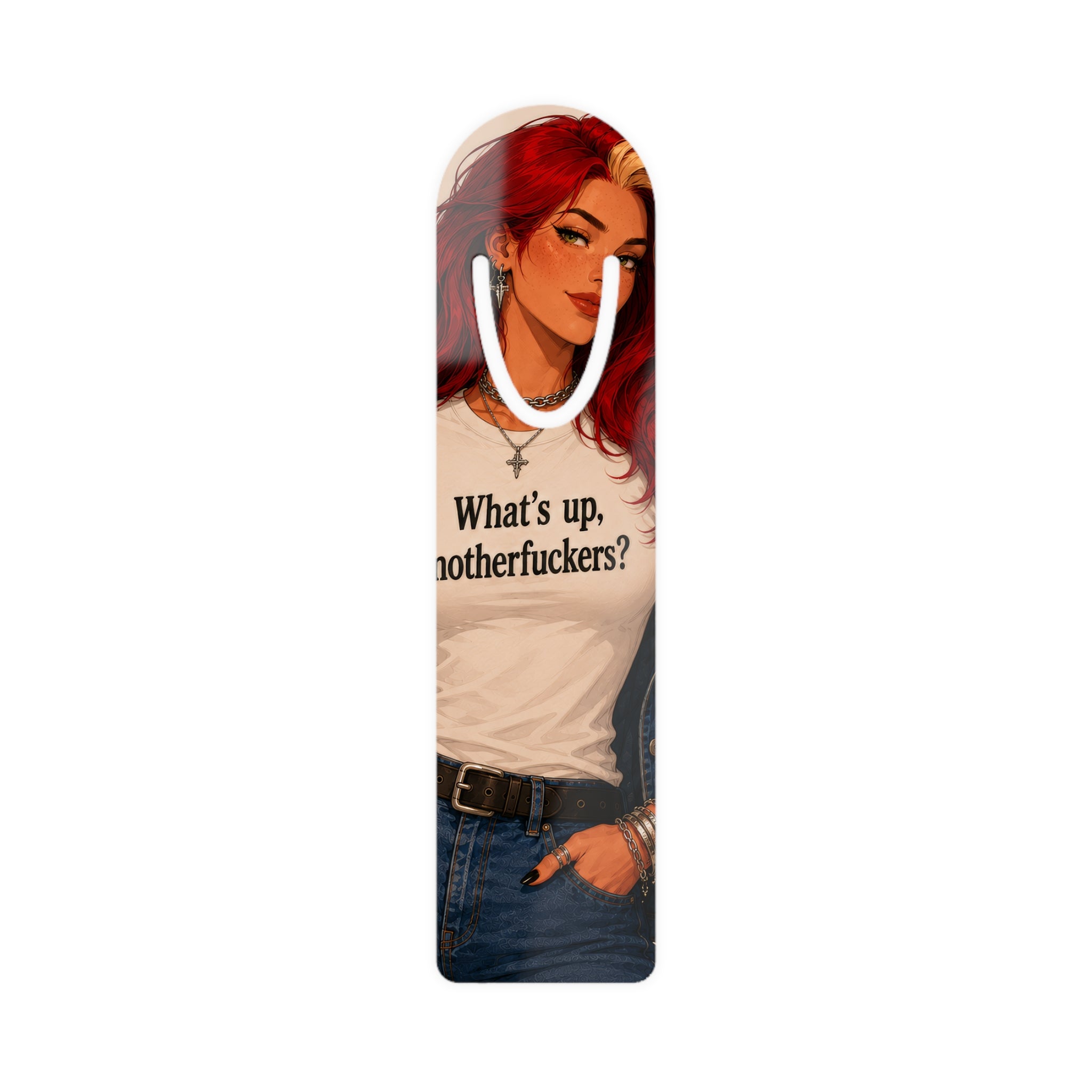 Edgy Redhead Illustration Bookmark — “What’s up, motherfuckers?” Metal Page Marker